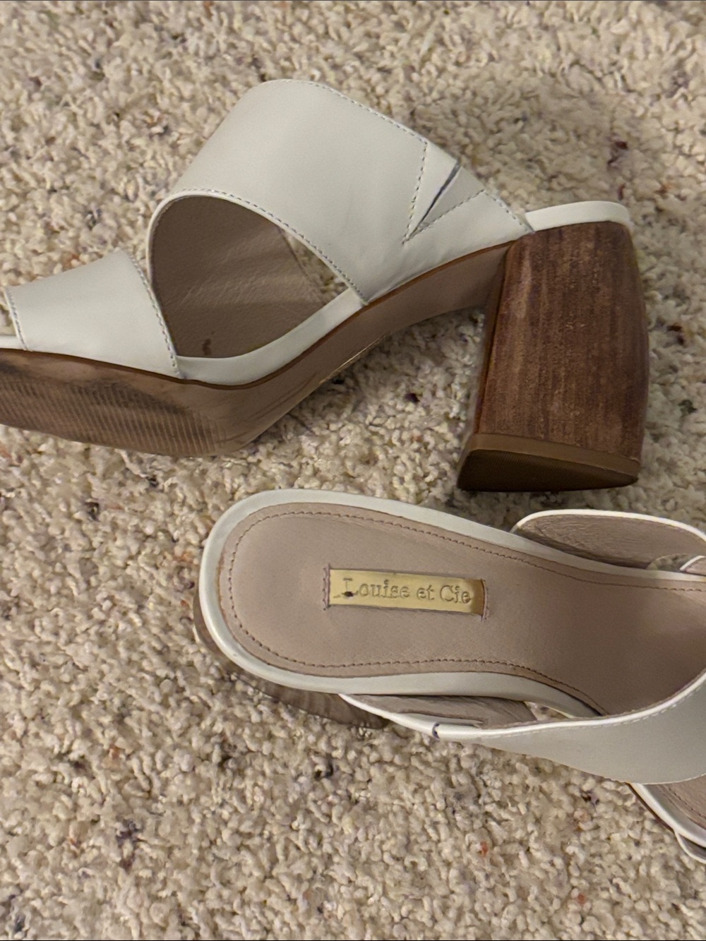 Louise et Cie White Leather Wood-Look Block Heel Mules